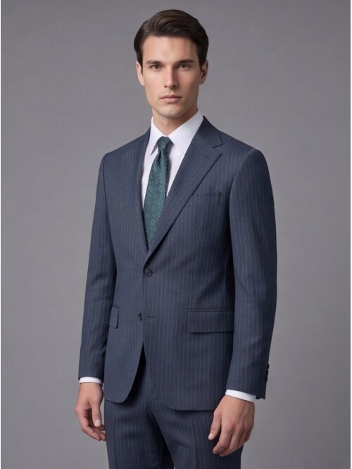 Yeşil Çizgili Yünlü Mono Yaka Regular Fit Takım Elbise