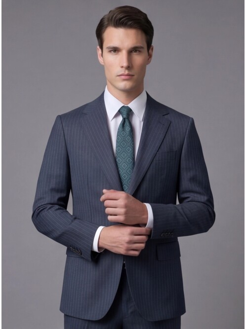 Yeşil Çizgili Yünlü Mono Yaka Regular Fit Takım Elbise