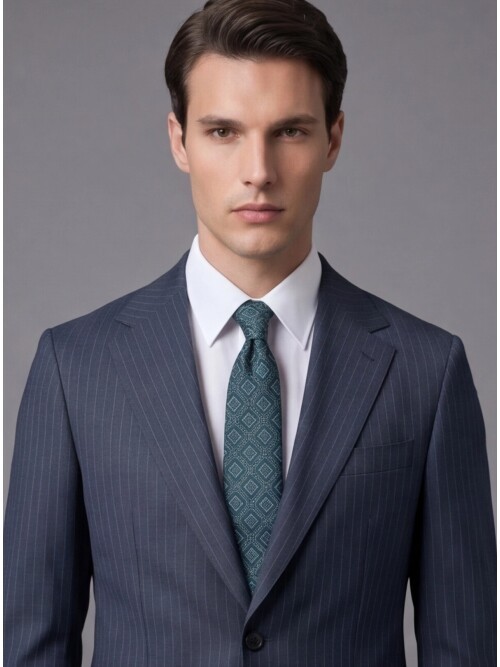 Yeşil Çizgili Yünlü Mono Yaka Regular Fit Takım Elbise