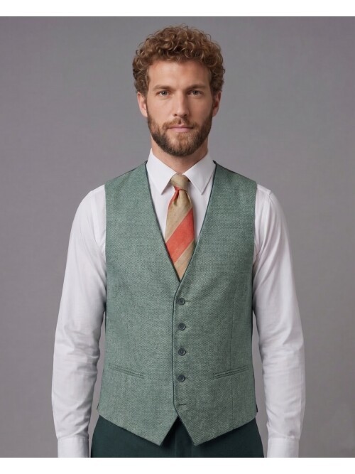 Yeşil Sivri Yaka Çift Düğmeli Slim Fit Yelekli Takım Elbise