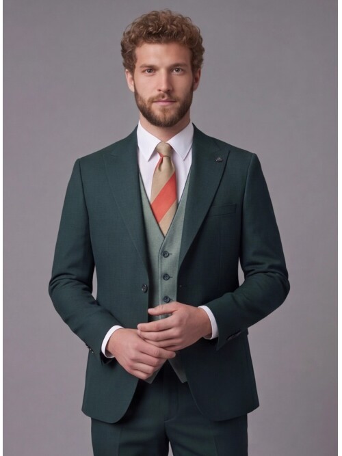 Yeşil Sivri Yaka Çift Düğmeli Slim Fit Yelekli Takım Elbise