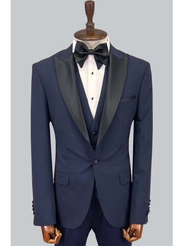 SUIT SARTORIA REMOVABLE LAPEL WOOL NAVY BLUE SUIT 5626