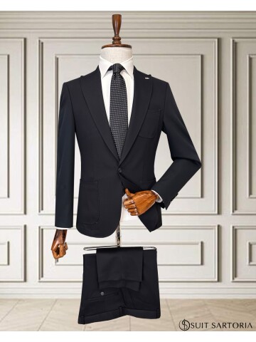 Navy Blue Peak Lapel Men’s Suit with Patch Pockets