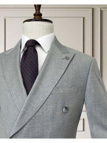 Grey Peak Lapel Double-Breasted Suit with Pick Stitching