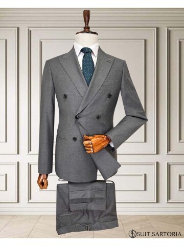 Grey Peak Lapel Double-Breasted Suit with Pick Stitching