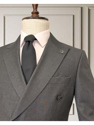 Dark Grey Peak Lapel Double-Breasted Suit with Pick Stitching