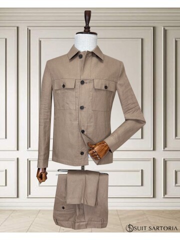 Bej Keten Safari Takım Elbise