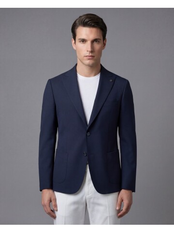 Navy Blue Peak Lapel Patch Pocket Comfort Fit Blazer