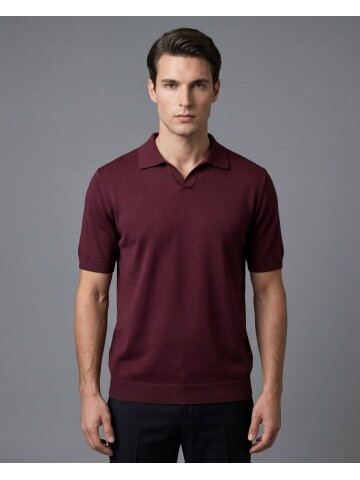 Burgundy Polo Neck 3-Button Short Sleeve Knit