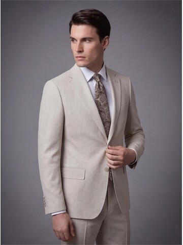 Açık Bej Mono Yaka İki Düğmeli Takım Elbise