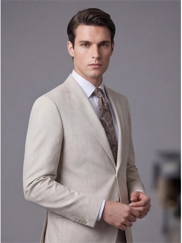 Açık Bej Mono Yaka İki Düğmeli Takım Elbise