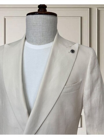 Açık Bej Sivri Yaka 2 Düğme Keten Takım Elbise