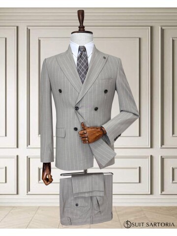 Light Grey Pinstripe Double-Breasted Men’s Suit