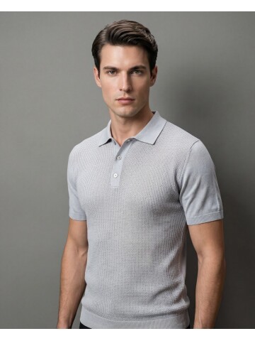 Light Grey Patterned Polo Neck 3-Button Short Sleeve Knit