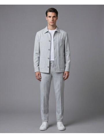 Açık Gri Gömlek Yaka Düğmeli Torba Cepli Takım