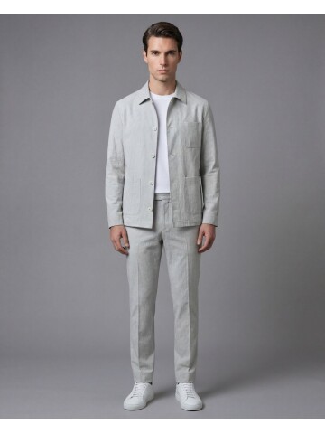 Açık Gri Gömlek Yaka Düğmeli Torba Cepli Takım