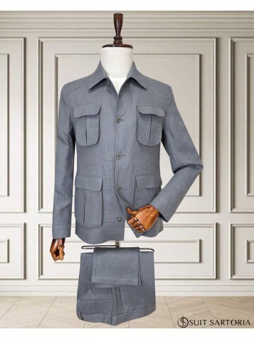 Açık Gri Keten Safari Model Dört Cepli Takım Elbise