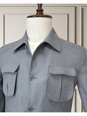 Açık Gri Keten Safari Model Dört Cepli Takım Elbise