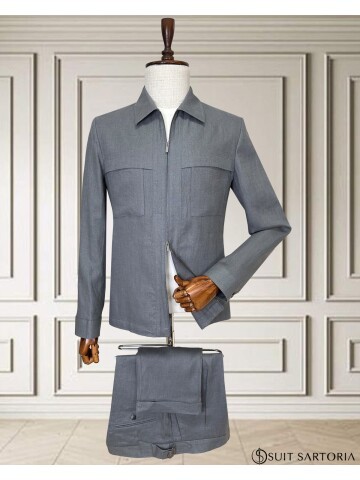 Açık Gri Keten Safari Takım Elbise