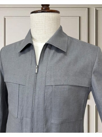 Açık Gri Keten Safari Takım Elbise