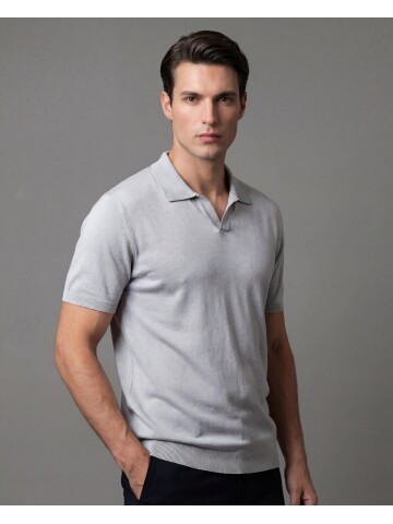 Light Grey Polo Neck 3-Button Short Sleeve Knit