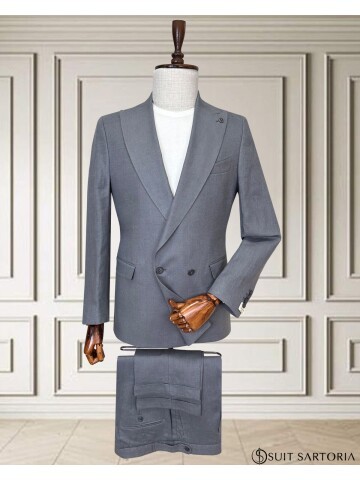 Açık Gri Sivri Yaka 2 Düğme Keten Takım Elbise