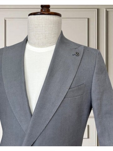 Açık Gri Sivri Yaka 2 Düğme Keten Takım Elbise