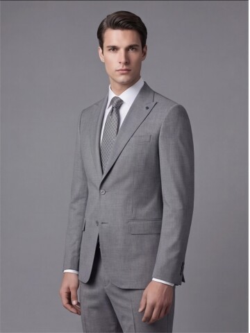 Açık Gri Sivri Yaka İki Düğmeli Slim Fit Takım Elbise