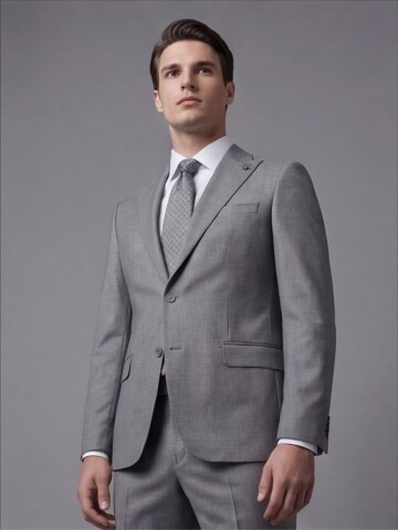 Açık Gri Sivri Yaka İki Düğmeli Slim Fit Takım Elbise