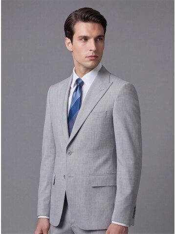 Açık Gri Sivri Yaka İki Düğmeli Slim Fit Takım Elbise