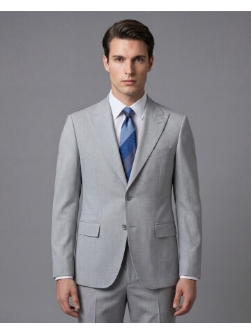 Açık Gri Sivri Yaka İki Düğmeli Slim Fit Takım Elbise