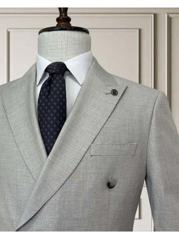 Light Grey Peak Lapel Double-Breasted Suit with Pick Stitching