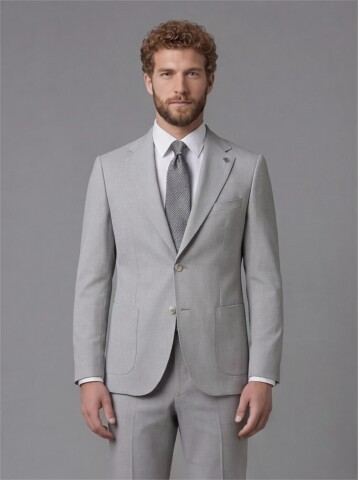 Light Grey Slim Fit Notch Lapel Suit with Patch Pockets