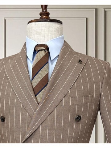 Light Brown Pinstripe Double-Breasted Men’s Suit