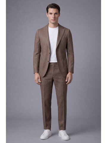 Açık Kahverengi Mono Yaka Comfort Fit Torba Cepli Takım Elbise