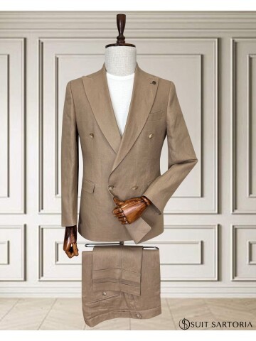 Açık Kahverengi Sivri Yaka 4 Düğme Keten Takım Elbise