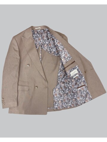 Açık Kahverengi Sivri Yaka 4 Düğme Keten Takım Elbise