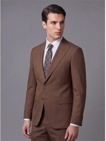 Açık Kahverengi Sivri Yaka İki Düğmeli Slim Fit Takım Elbise