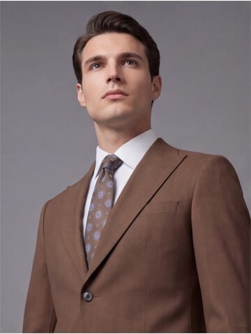 Açık Kahverengi Sivri Yaka İki Düğmeli Slim Fit Takım Elbise