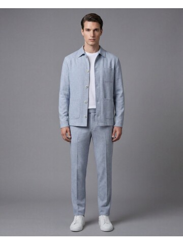 Açık Mavi Gömlek Yaka Düğmeli Torba Cepli Takım