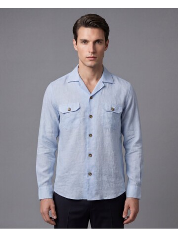 Açık Mavi Keten Kapaklı Cep Regular Fit Uzun Kollu Gömlek