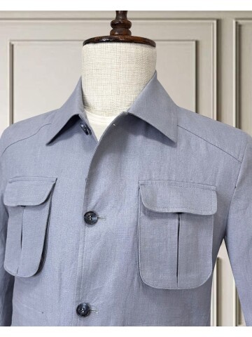 Açık Mavi Keten Safari Model Dört Cepli Takım Elbise