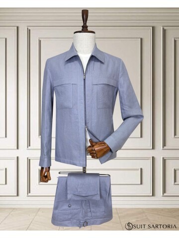 Açık Mavi Keten Safari Takım Elbise