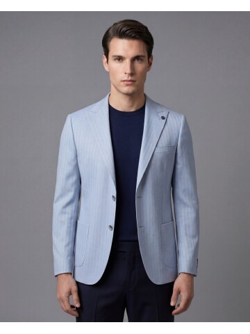 Light Blue Peak Lapel Patch Pocket Comfort Fit Jacket