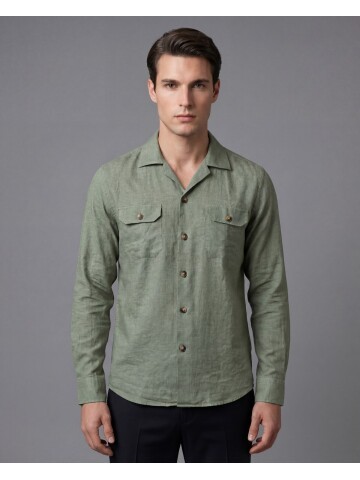 Açık Yeşil Keten Kapaklı Cep Regular Fit Uzun Kollu Gömlek