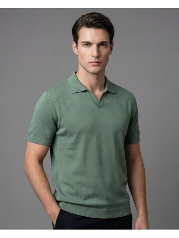 Light Green Polo Neck 3-Button Short Sleeve Knit
