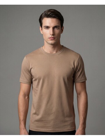 Bej Basic Bisiklet Yaka Kısa Kollu T-shirt