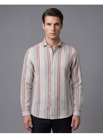 Bej Çizgili Regular Fit Uzun Kollu Gömlek