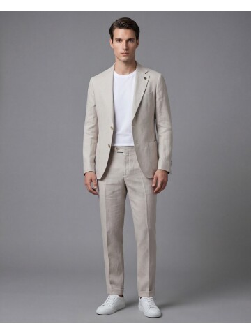 Bej Comfort Fit Mono Yaka Torba Cep Takım Elbise