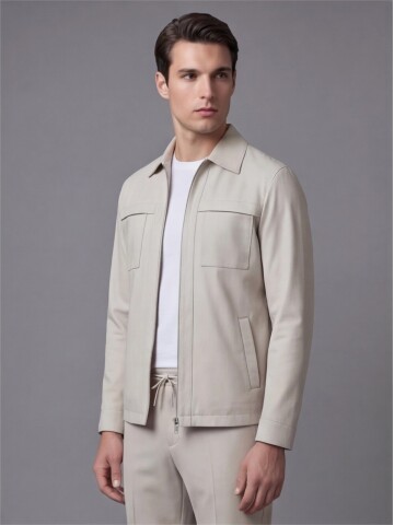 Bej Fermuarlı Performans Takım Elbise